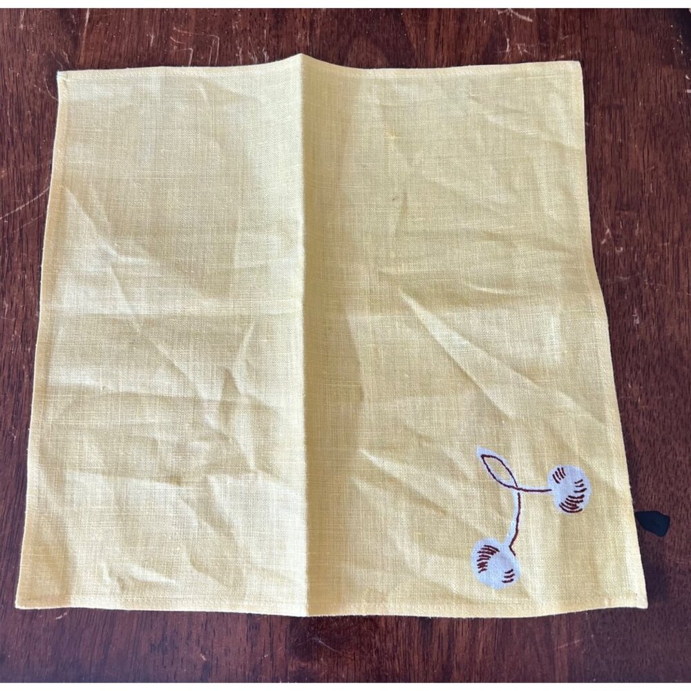 Yellow Print work Linen Napkins With Cherry Design - Set Of 4 11"x11" MCM